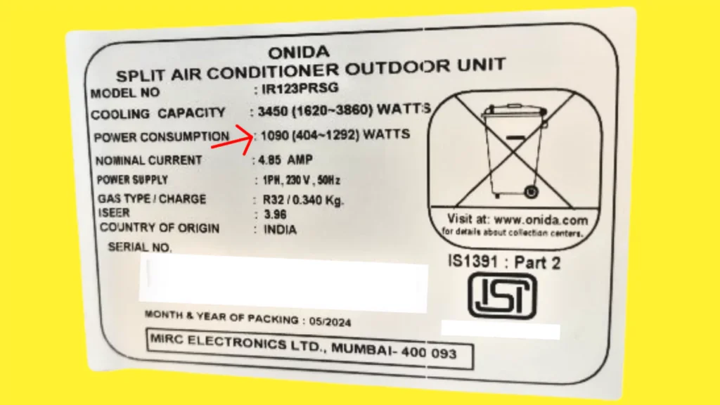 AC name plate (ac power consumption ac wattage monthly ac bill)